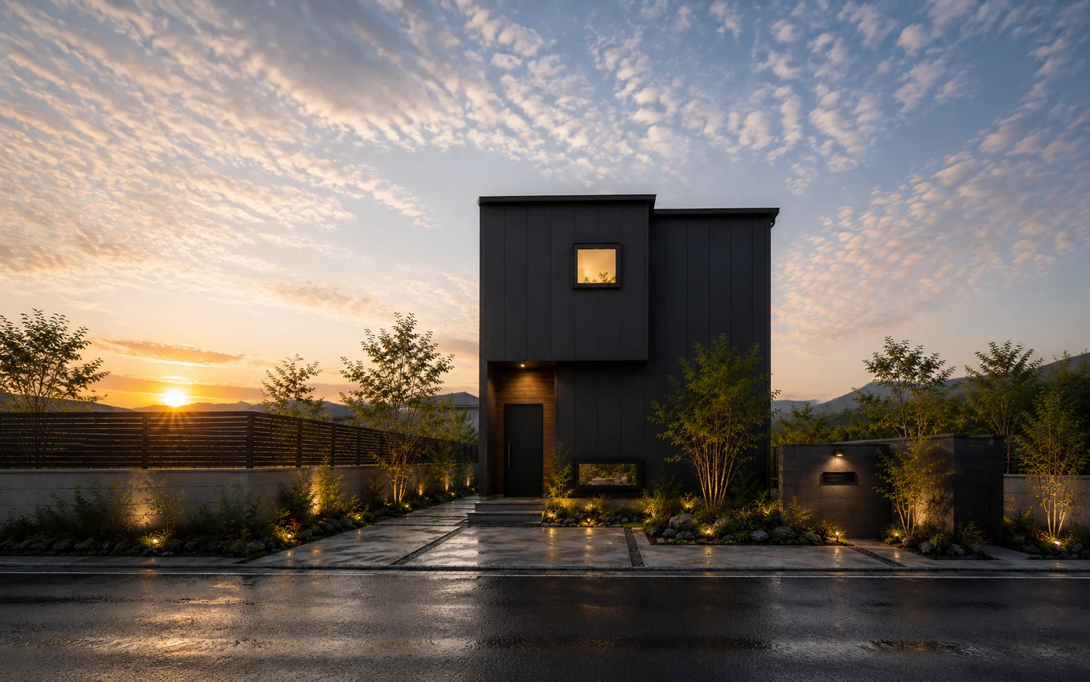 夕日を受ける二階建ての外観 ── 濃いチャコールの外壁と濡れたアプローチ｜秀光ビルド徳島店・藍住営業所
