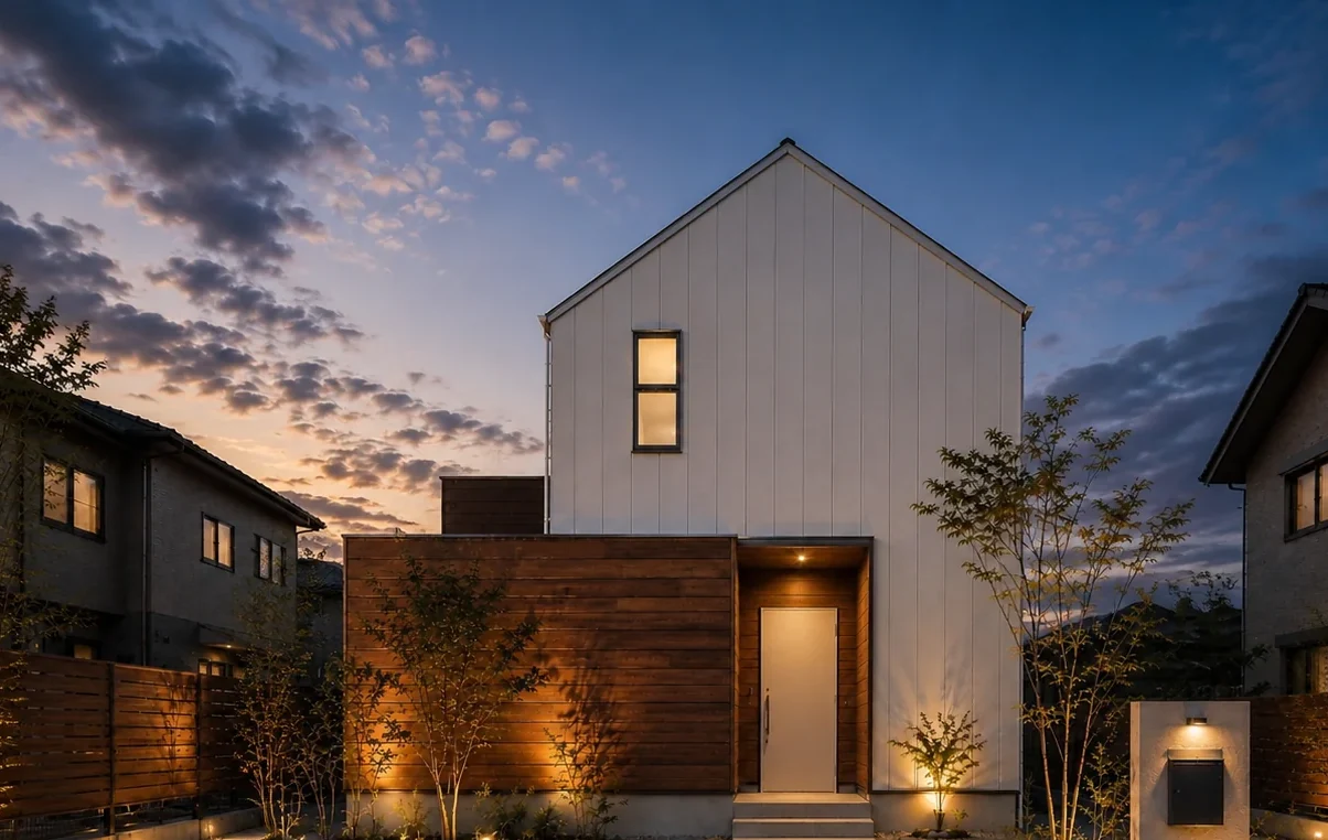COMPACT の外観 ── 白い切妻の四角い二階建て、夕暮れ｜秀光ビルド徳島店・藍住営業所