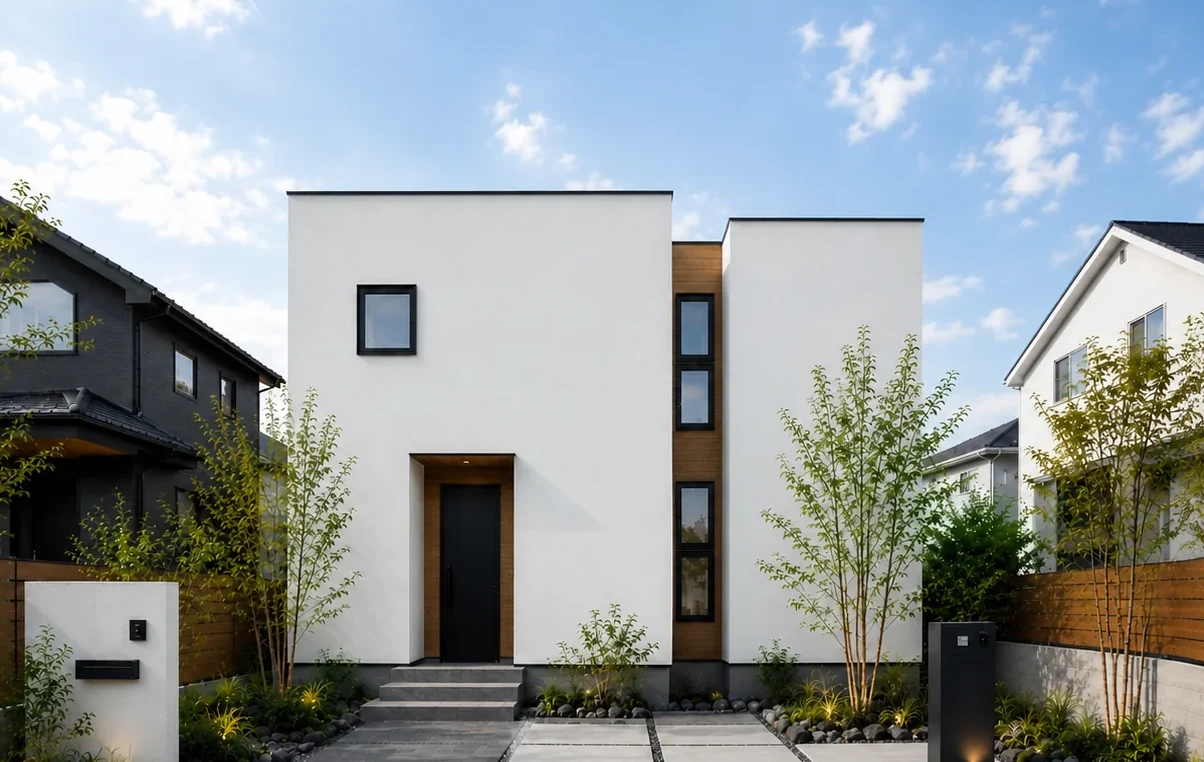 GARAGE の外観 ── 白い箱形と木張りの縦スリット、昼の青空｜秀光ビルド徳島店・藍住営業所