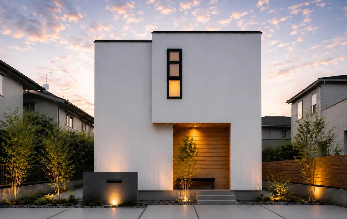 ATELIER の外観 ── 白い箱形と木のポーチ、桃色のうろこ雲｜秀光ビルド徳島店・藍住営業所
