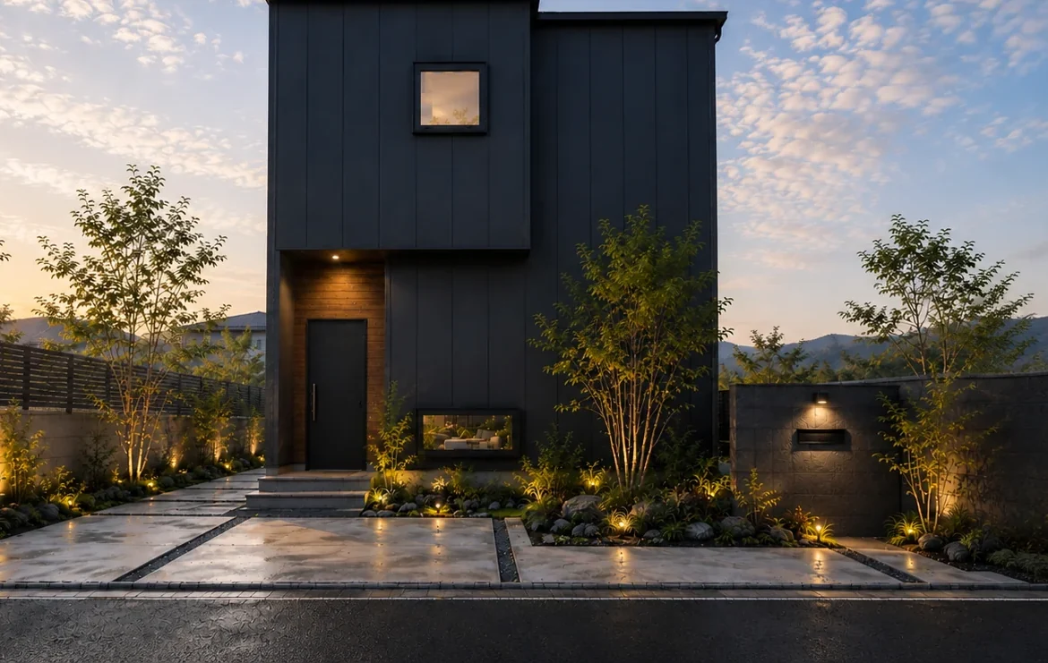 SKYLIGHT の外観 ── 濃いチャコールの外壁と夕日｜秀光ビルド徳島店・藍住営業所