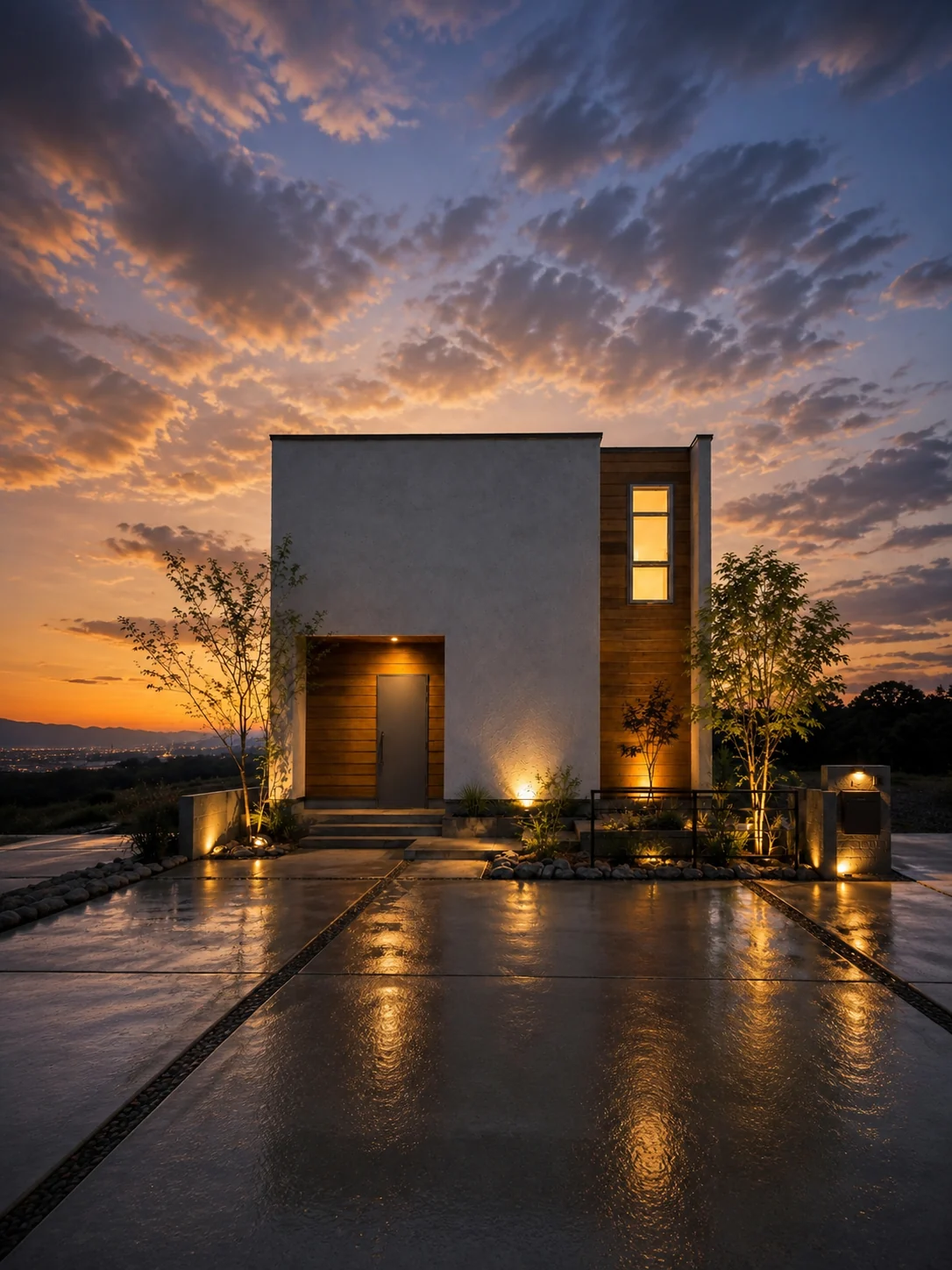 夕景の二階建て外観 ── 木の壁に灯りのともる縦長の窓｜秀光ビルド徳島店・藍住営業所