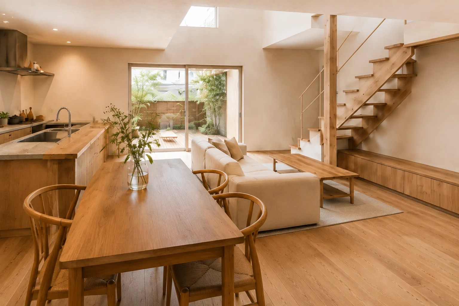 TERRACE（Model 01） の LDK ── キッチン側から見たリビングとダイニング。吹抜けと階段、庭へ続く大きな窓｜秀光ビルド徳島店・藍住営業所