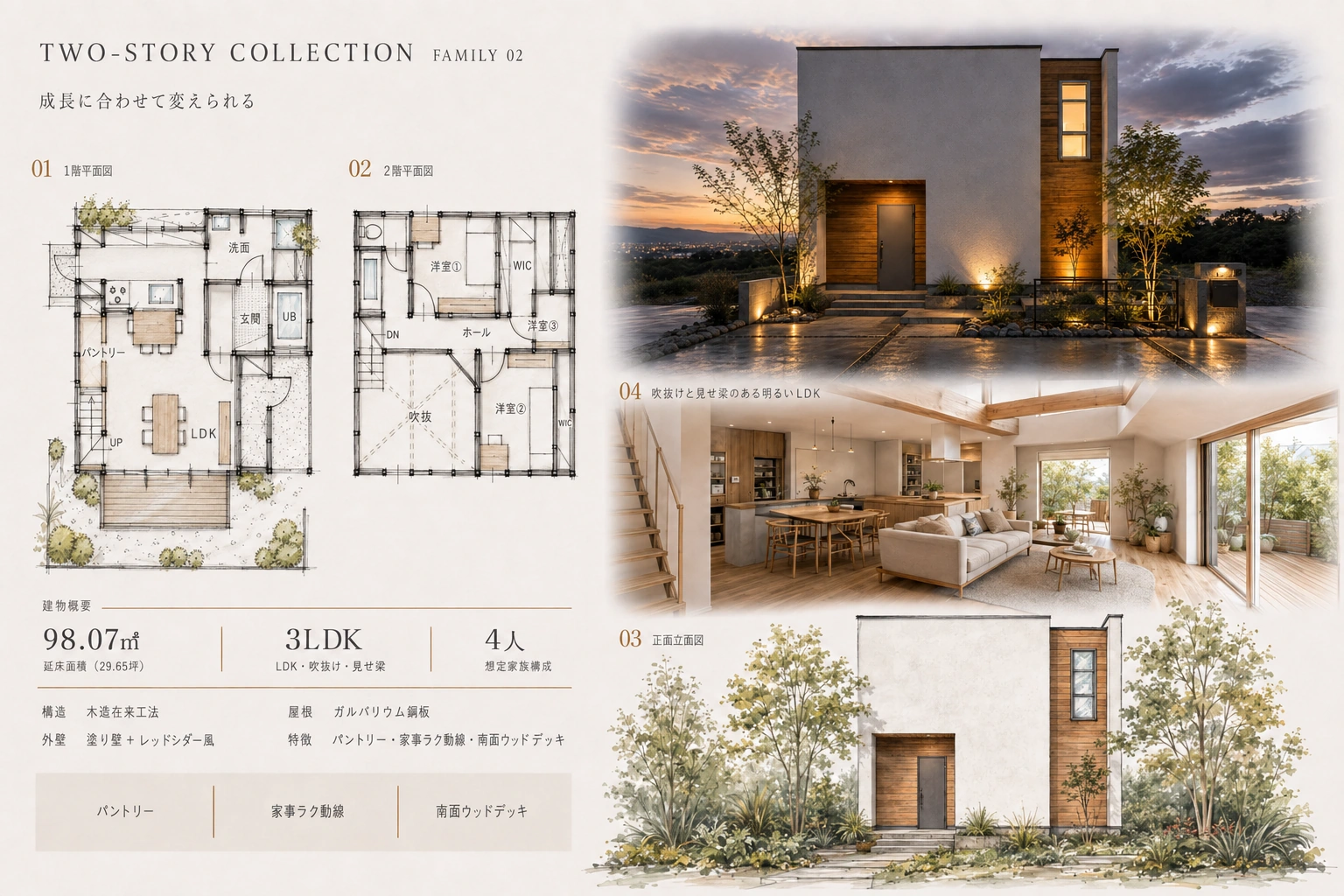 FAMILY(Model 02)のプランシート ── 1階・2階の平面図、正面立面図、外観と内観の写真。延床面積98.07㎡(29.65坪)・3LDK・吹抜け・見せ梁|秀光ビルド徳島店・藍住営業所