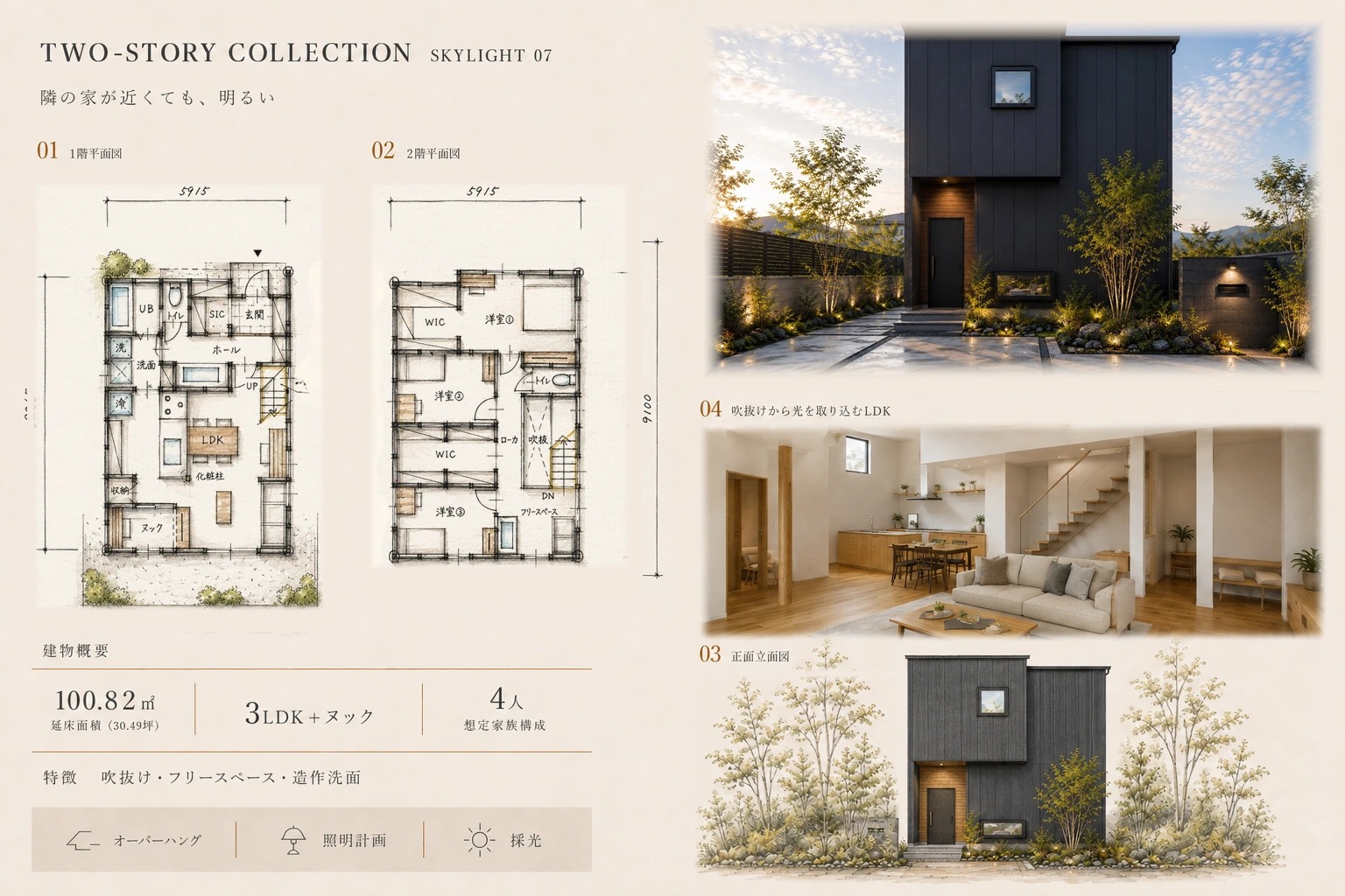 SKYLIGHT(Model 07)のプランシート ── 1階・2階の平面図、正面立面図、外観と内観の写真。延床面積100.82㎡(30.49坪)・3LDK+ヌック・吹抜け・フリースペース|秀光ビルド徳島店・藍住営業所