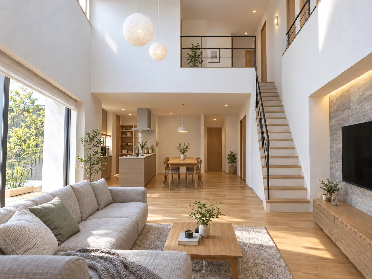 TERRACE のリビング ── 2階まで抜ける吹き抜けと、大きな窓の光が届くキッチン・ダイニング|秀光ビルド徳島店・藍住営業所