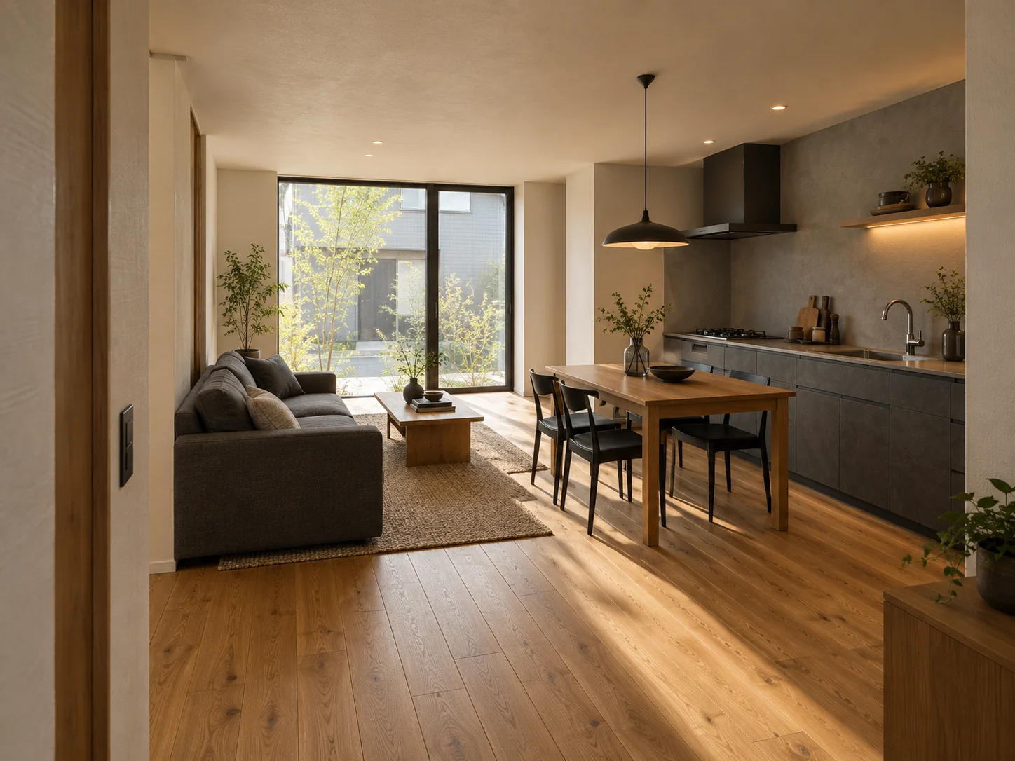 ATELIER のLDK ── 大きな窓の外の木と、ダイニングの床まで伸びる光|秀光ビルド徳島店・藍住営業所